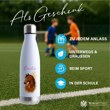 Thermoflasche 500ml in Weiß/Silber bedruckt mit tollen Motiven für Kinder "Pferd" personalisierbar mit Wunschname