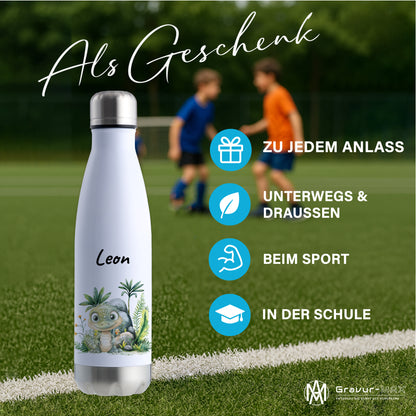 Trinkflasche in Weiß/Silber 500ml aus Edelstahl bedruckt mit Dschungel Tieren"Krokodil" personalisierbar für Kinder mit Wunschname