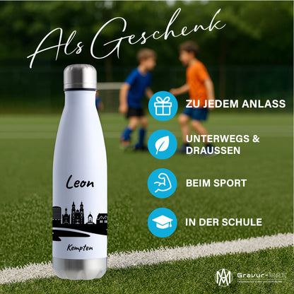 Trinkflasche in Weiß/Silber 500ml aus Edelstahl bedruckt mit der Skyline von Kempten personalisierbar mit Wunschname