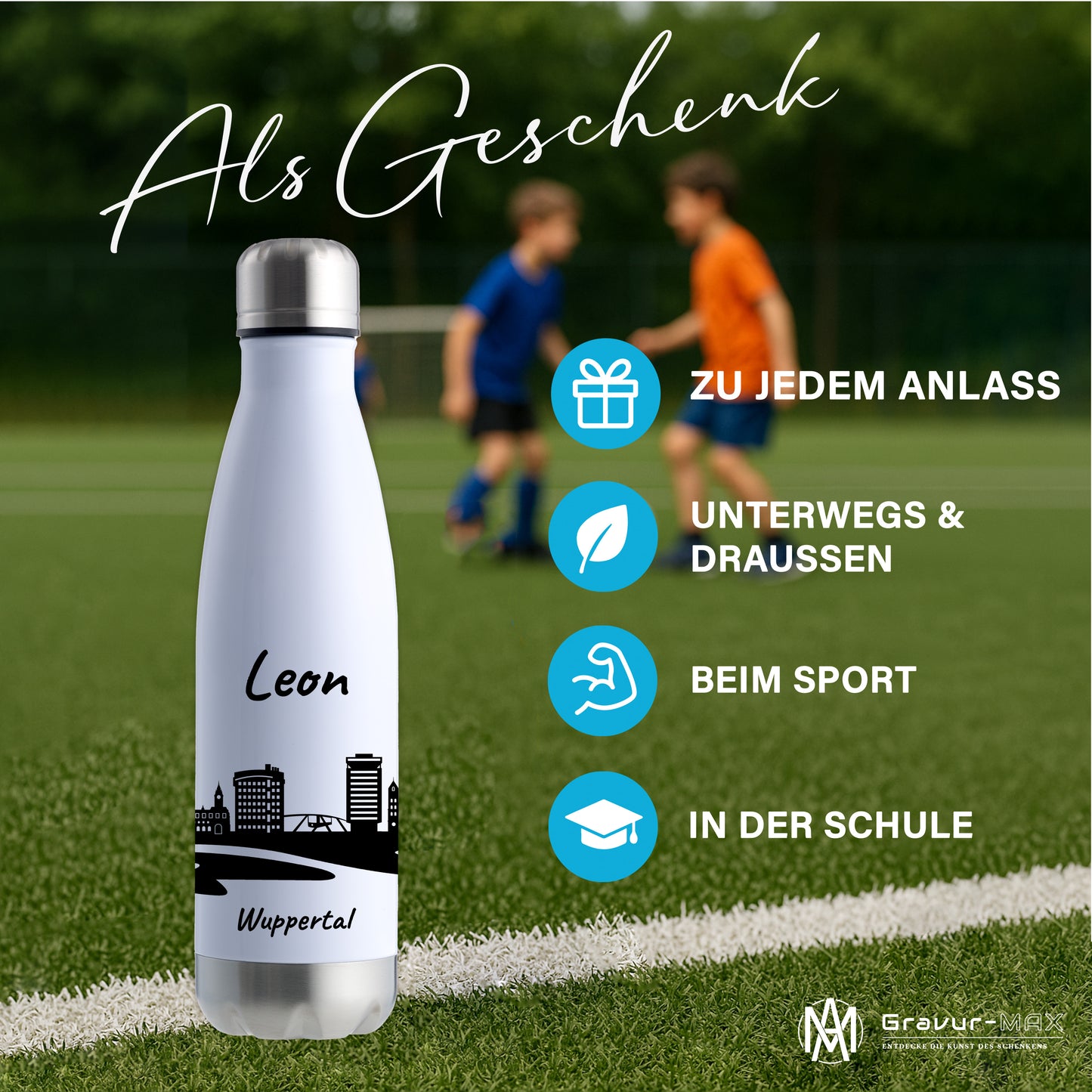 Trinkflasche in Weiß/Silber 500ml aus Edelstahl bedruckt mit der Skyline von Wuppertal personalisierbar mit Wunschname