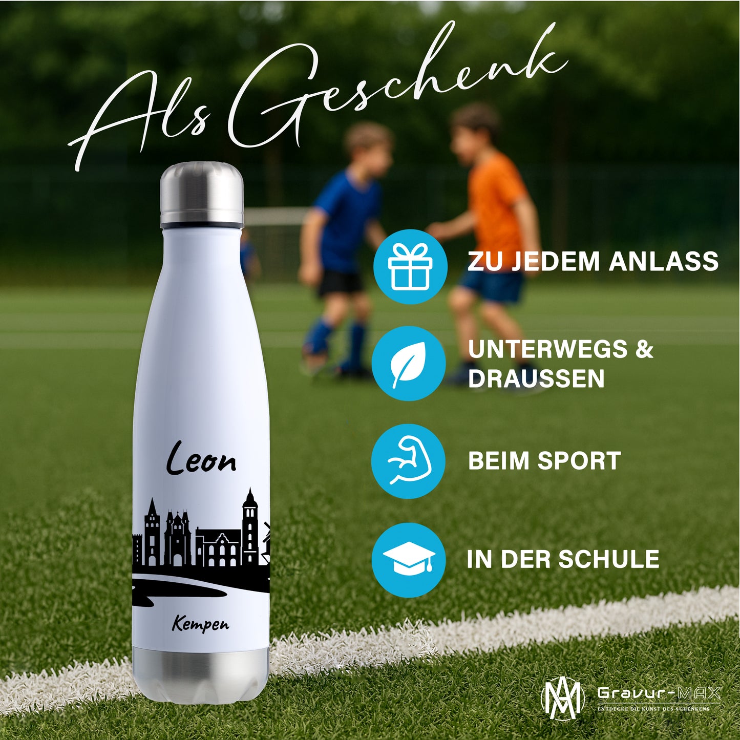 Trinkflasche in Weiß/Silber 500ml aus Edelstahl bedruckt mit der Skyline von Kempen personalisierbar mit Wunschname