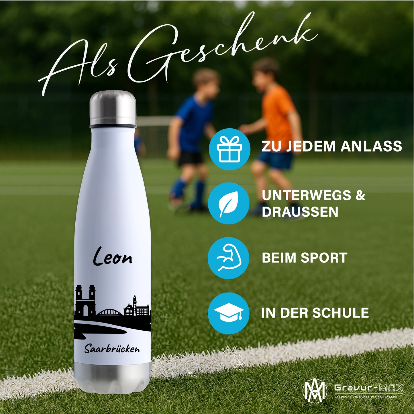 Trinkflasche in Weiß/Silber 500ml aus Edelstahl bedruckt mit der Skyline von Saarbrücken personalisierbar mit Wunschname