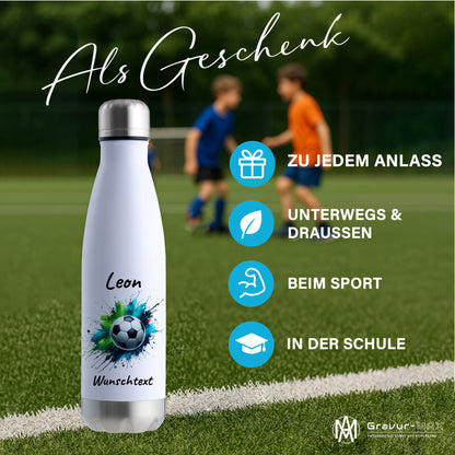 Thermoflasche 500ml in Weiß/Silber aus Edelstahl bedruckt "Fußball" Motiv8 personalisierbar mit Wunschname & Text