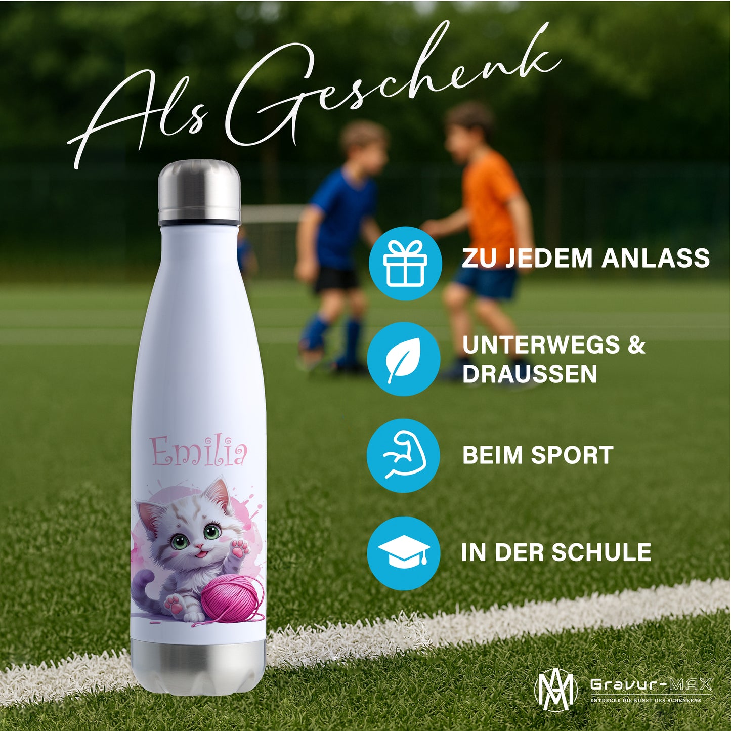 Trinkflasche in Weiß/Silber 500ml aus Edelstahl bedruckt mit niedlichen Tieren "Katze" personalisierbar für Kinder mit Wunschname
