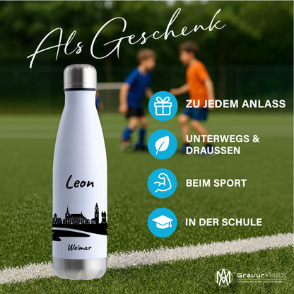 Trinkflasche in Weiß/Silber 500ml aus Edelstahl bedruckt mit der Skyline von Weimar personalisierbar mit Wunschname