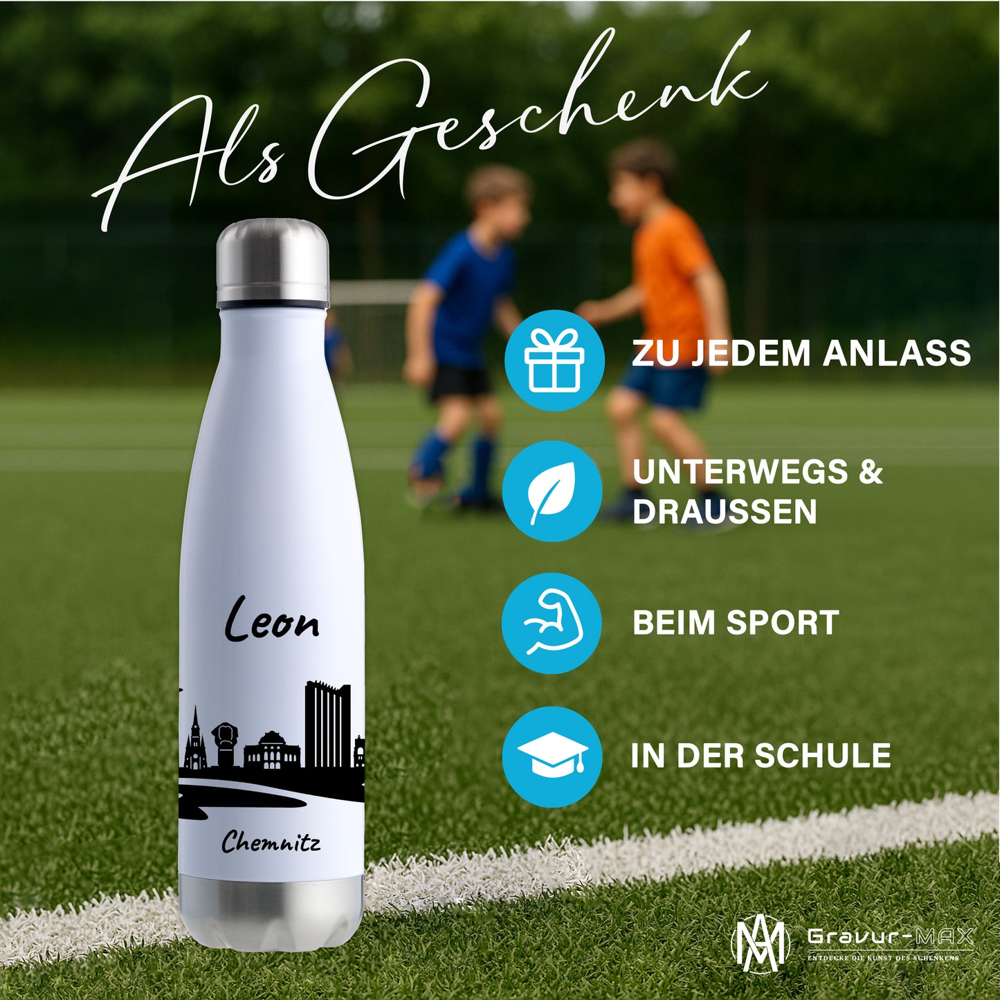 Trinkflasche in Weiß/Silber 500ml aus Edelstahl bedruckt mit der Skyline von Chemnitz personalisierbar mit Wunschname
