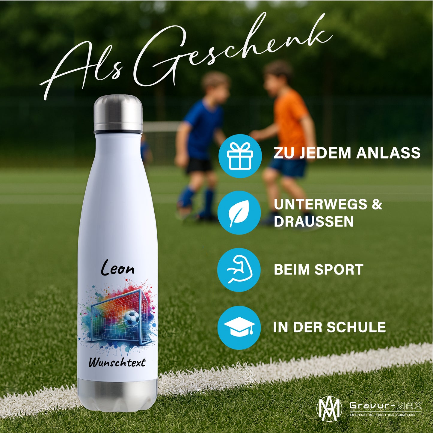 Thermoflasche 500ml in Weiß/Silber aus Edelstahl bedruckt "Fußball" Motiv5 personalisierbar mit Wunschname & Text