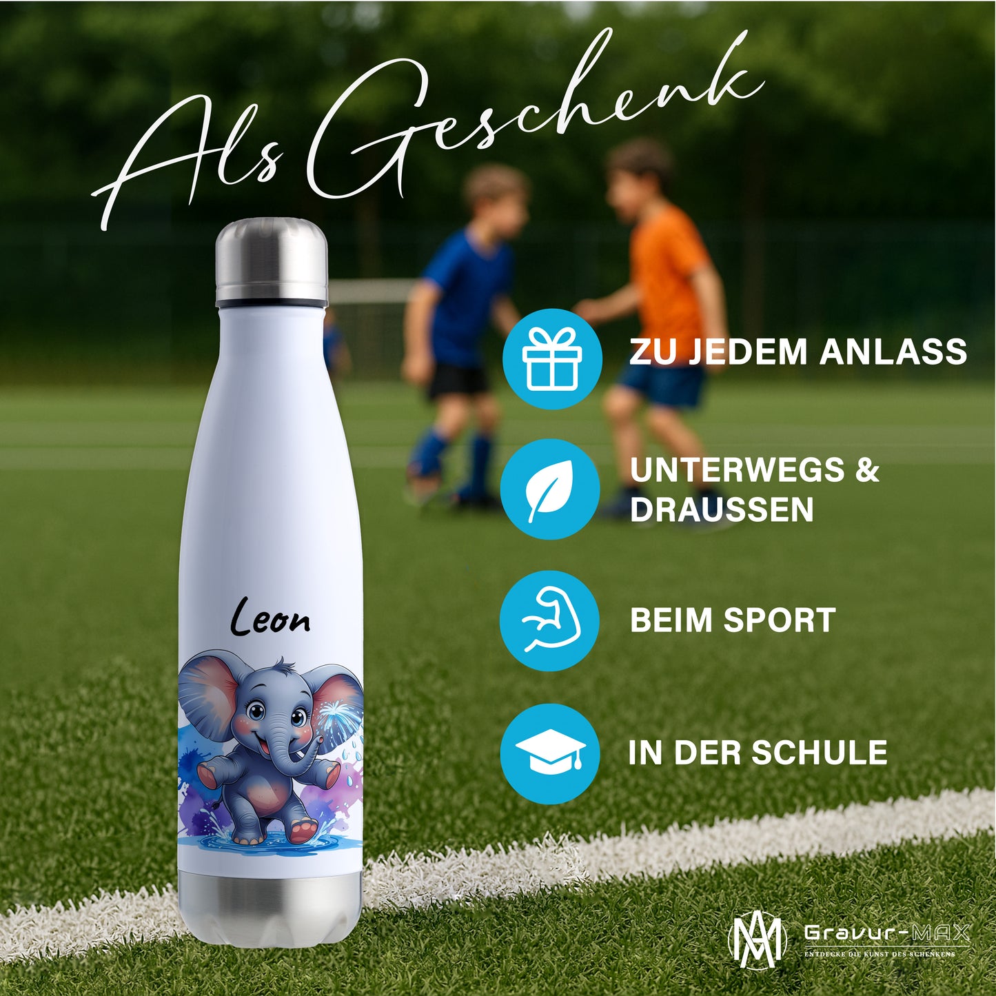 Trinkflasche in Weiß/Silber 500ml aus Edelstahl bedruckt mit niedlichen Tieren "Elefant" personalisierbar für Kinder mit Wunschname