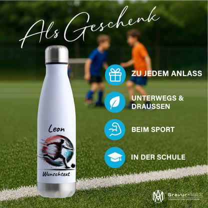 Thermoflasche 500ml in Weiß/Silber aus Edelstahl bedruckt "Fußball" Motiv3 personalisierbar mit Wunschname & Text