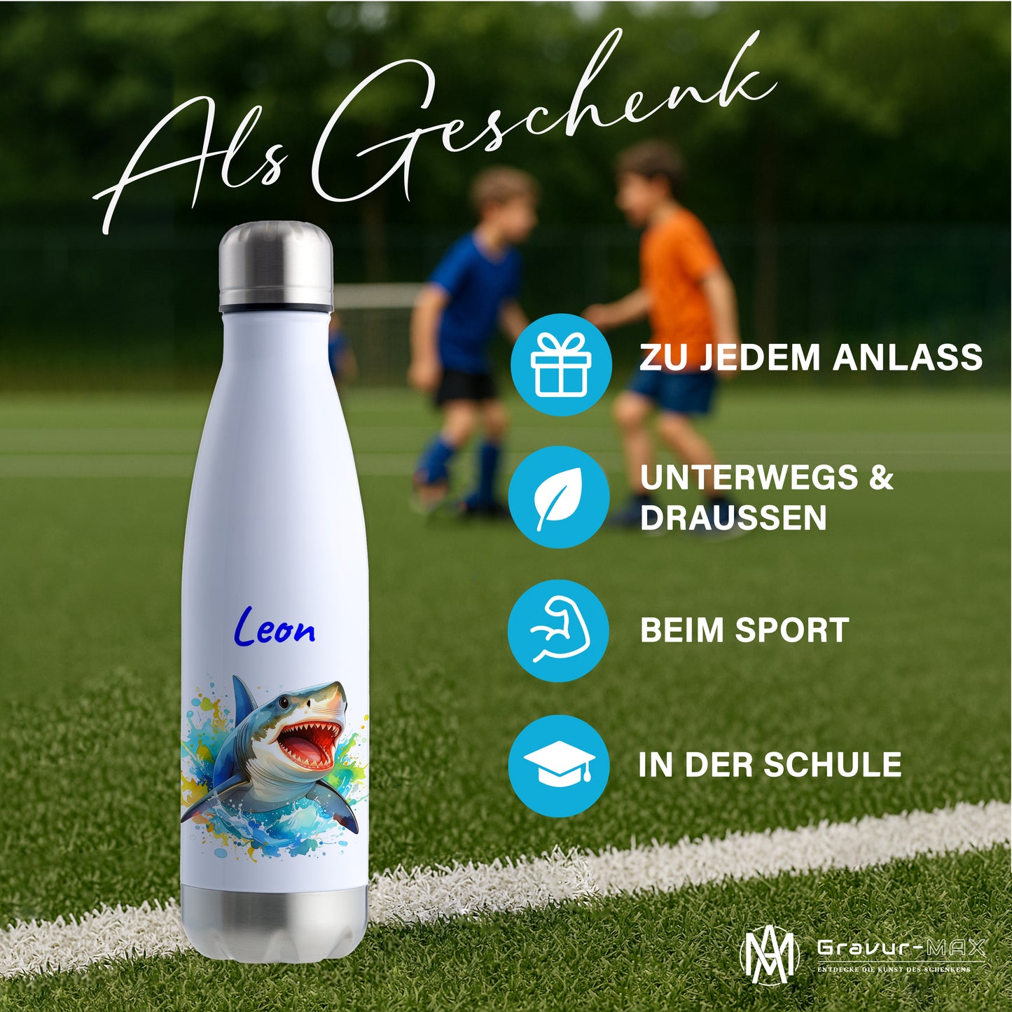 Thermoflasche 500ml in Weiß/Silber bedruckt mit tollen Motiven für Kinder "Hai" personalisierbar mit Wunschname