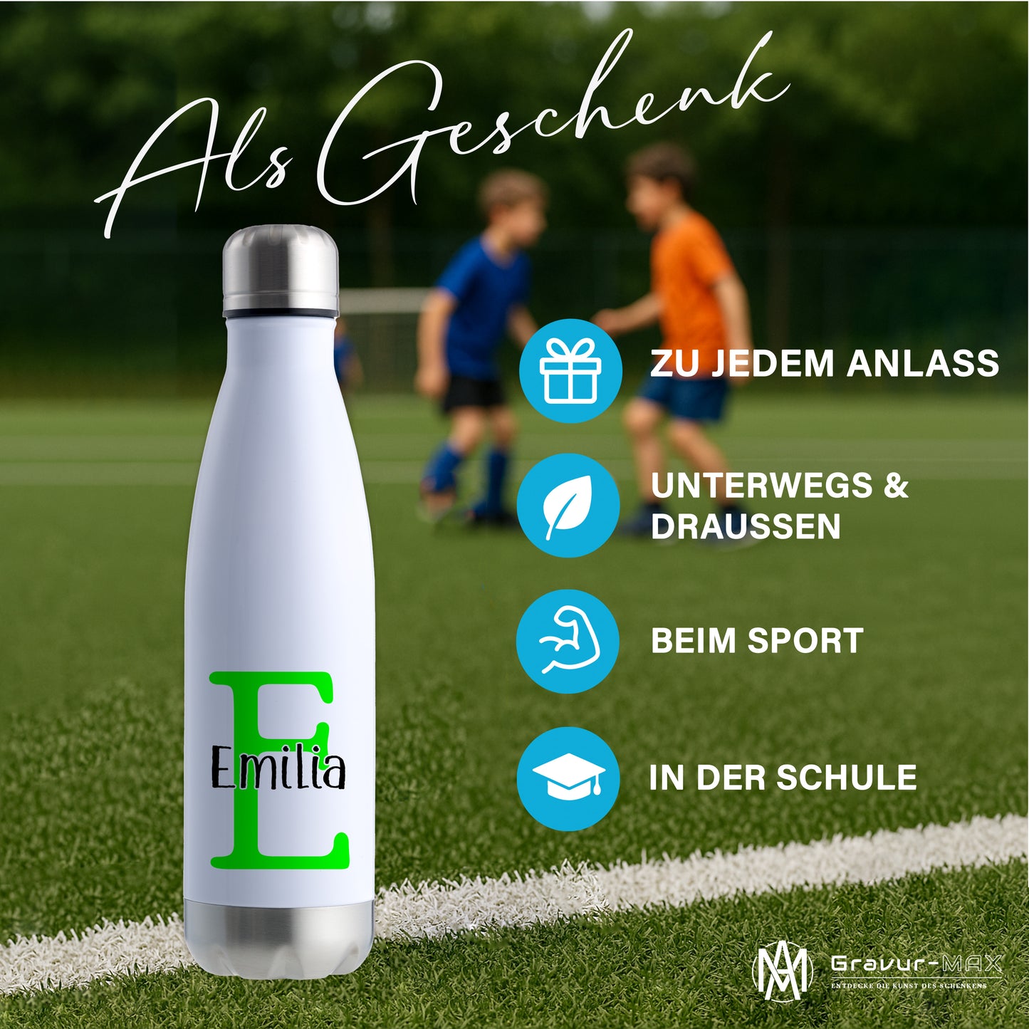 Thermoflasche 500ml aus Edelstahl in Weiß/Silber personalisierbar mit Wunschname auslaufsichere Trinkflasche