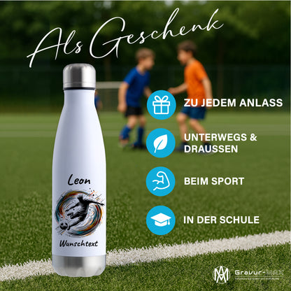 Thermoflasche 500ml in Weiß/Silber aus Edelstahl bedruckt "Fußball" Motiv1 personalisierbar mit Wunschname & Text
