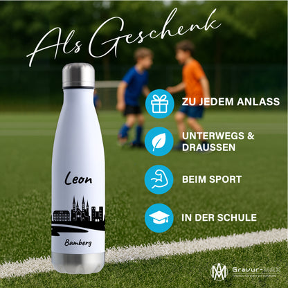 Trinkflasche in Weiß/Silber 500ml aus Edelstahl bedruckt mit der Skyline von Bamberg personalisierbar mit Wunschname