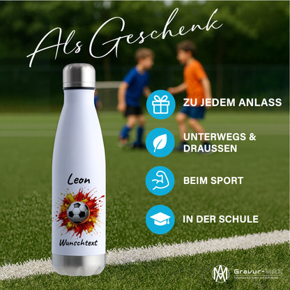 Thermoflasche 500ml in Weiß/Silber aus Edelstahl bedruckt "Fußball" Motiv9 personalisierbar mit Wunschname & Text