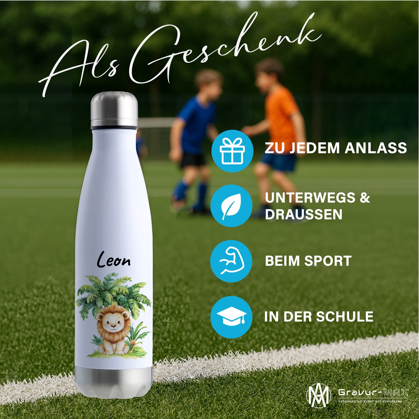 Trinkflasche in Weiß/Silber 500ml aus Edelstahl bedruckt mit Dschungel Tieren"Löwe" personalisierbar für Kinder mit Wunschname