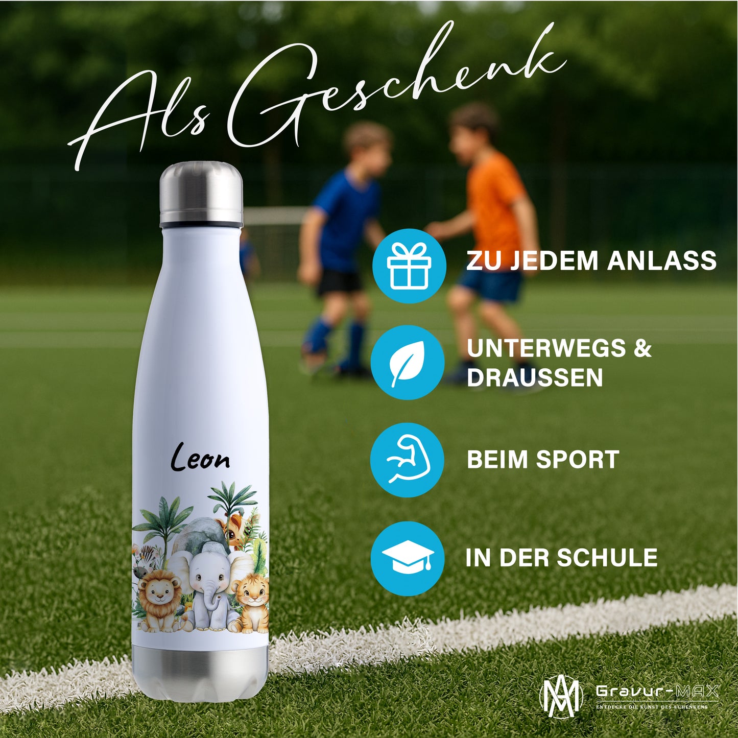 Trinkflasche in Weiß/Silber 500ml aus Edelstahl bedruckt mit Dschungel Tieren"Dschungel Tiere" personalisierbar für Kinder mit Wunschname