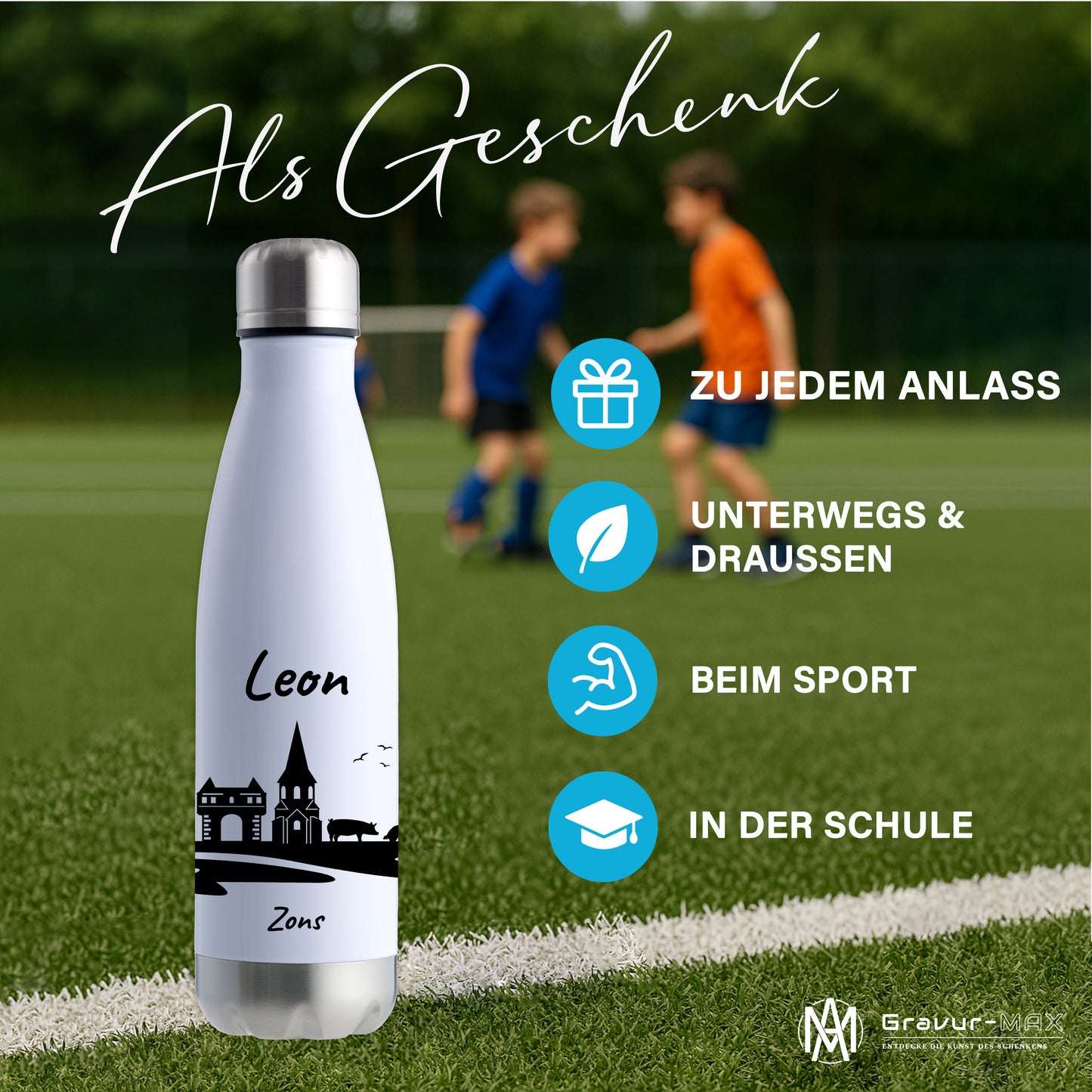 Trinkflasche in Weiß/Silber 500ml aus Edelstahl bedruckt mit der Skyline von Zons (Dormagen) personalisierbar mit Wunschname