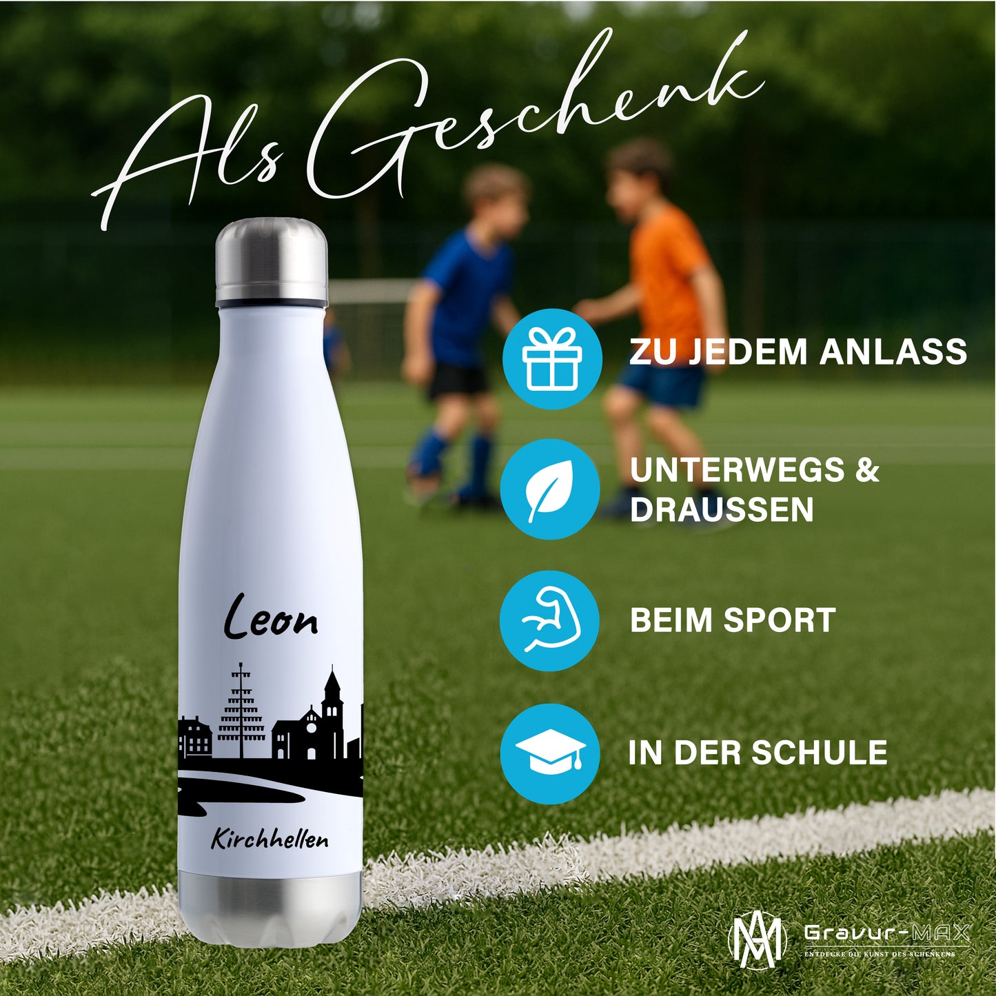 Trinkflasche in Weiß/Silber 500ml aus Edelstahl bedruckt mit der Skyline von Kirchhellen personalisierbar mit Wunschname