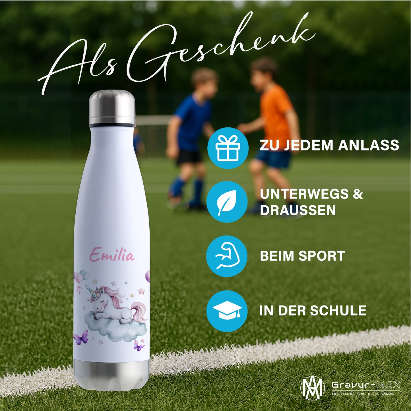 Thermoflasche 500ml in Weiß/Silber bedruckt mit tollen Motiven für Kinder "Einhorn Wolke" personalisierbar mit Wunschname
