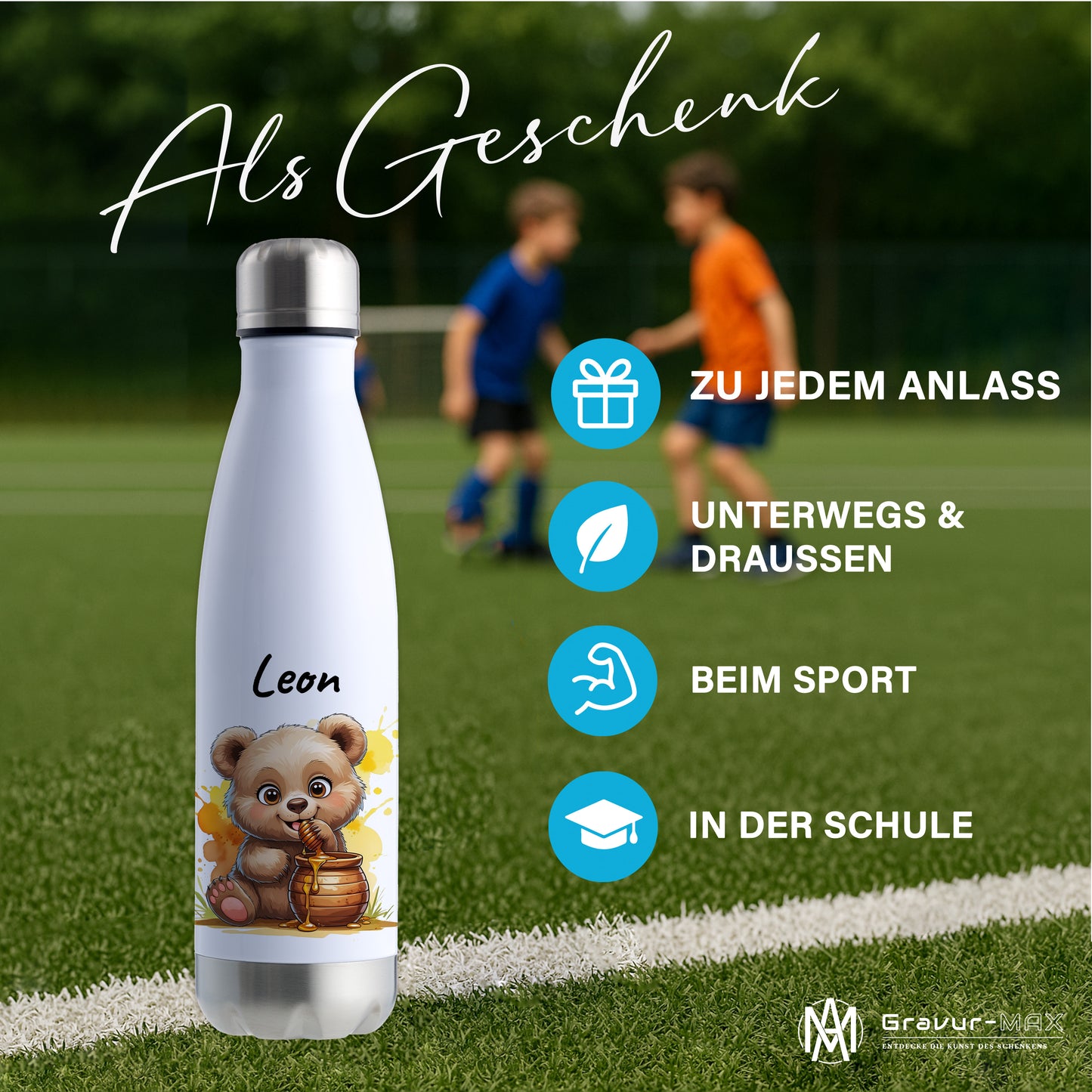 Trinkflasche in Weiß/Silber 500ml aus Edelstahl bedruckt mit niedlichen Tieren "Bär" personalisierbar für Kinder mit Wunschname
