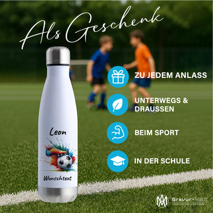 Thermoflasche 500ml in Weiß/Silber aus Edelstahl bedruckt "Fußball" Motiv6 personalisierbar mit Wunschname & Text