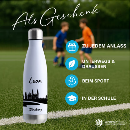 Trinkflasche in Weiß/Silber 500ml aus Edelstahl bedruckt mit der Skyline von Würzburg personalisierbar mit Wunschname