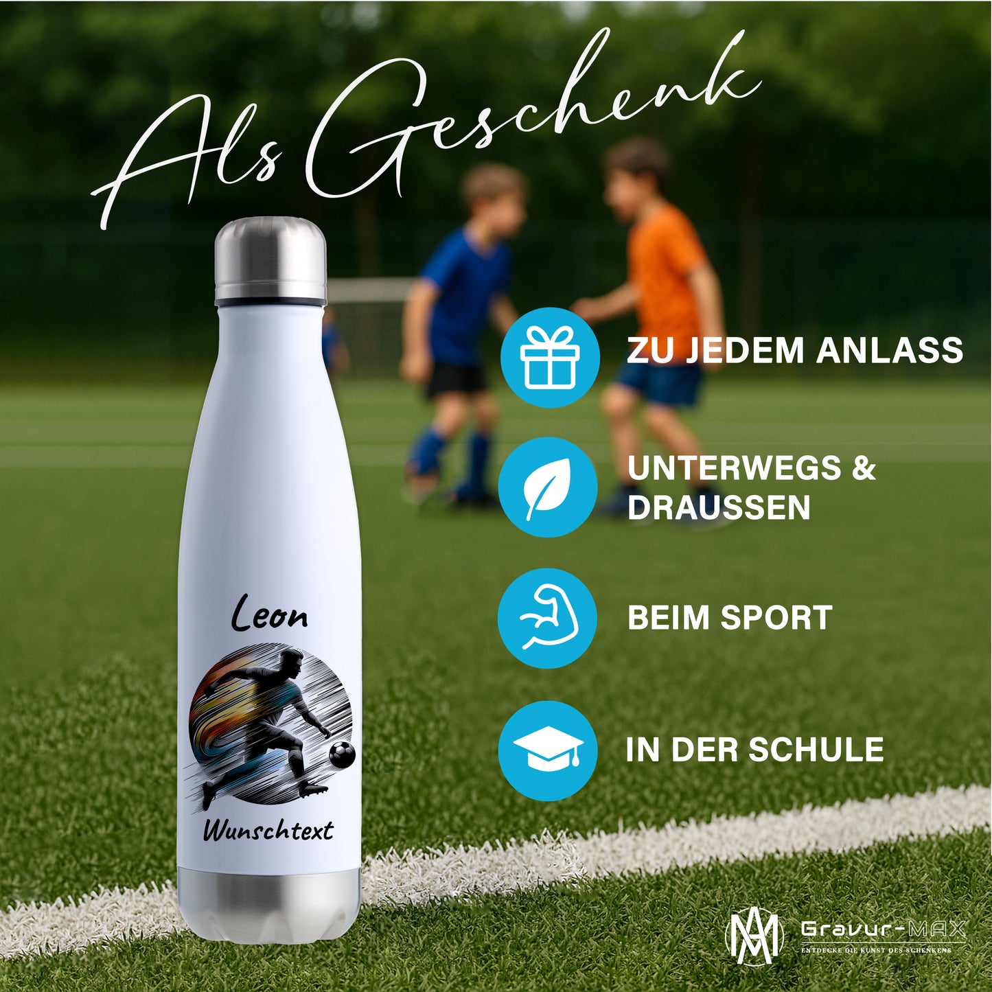 Thermoflasche 500ml in Weiß/Silber aus Edelstahl bedruckt "Fußball" Motiv2 personalisierbar mit Wunschname & Text
