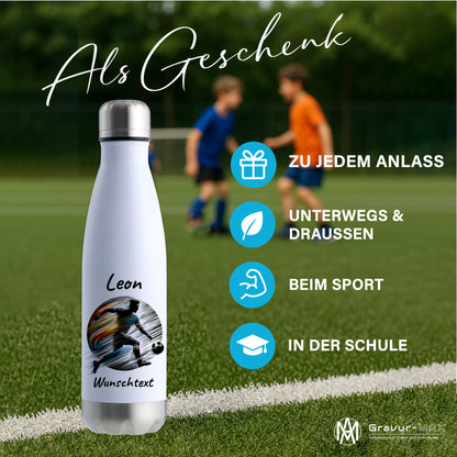 Thermoflasche 500ml in Weiß/Silber aus Edelstahl bedruckt "Fußball" Motiv2 personalisierbar mit Wunschname & Text