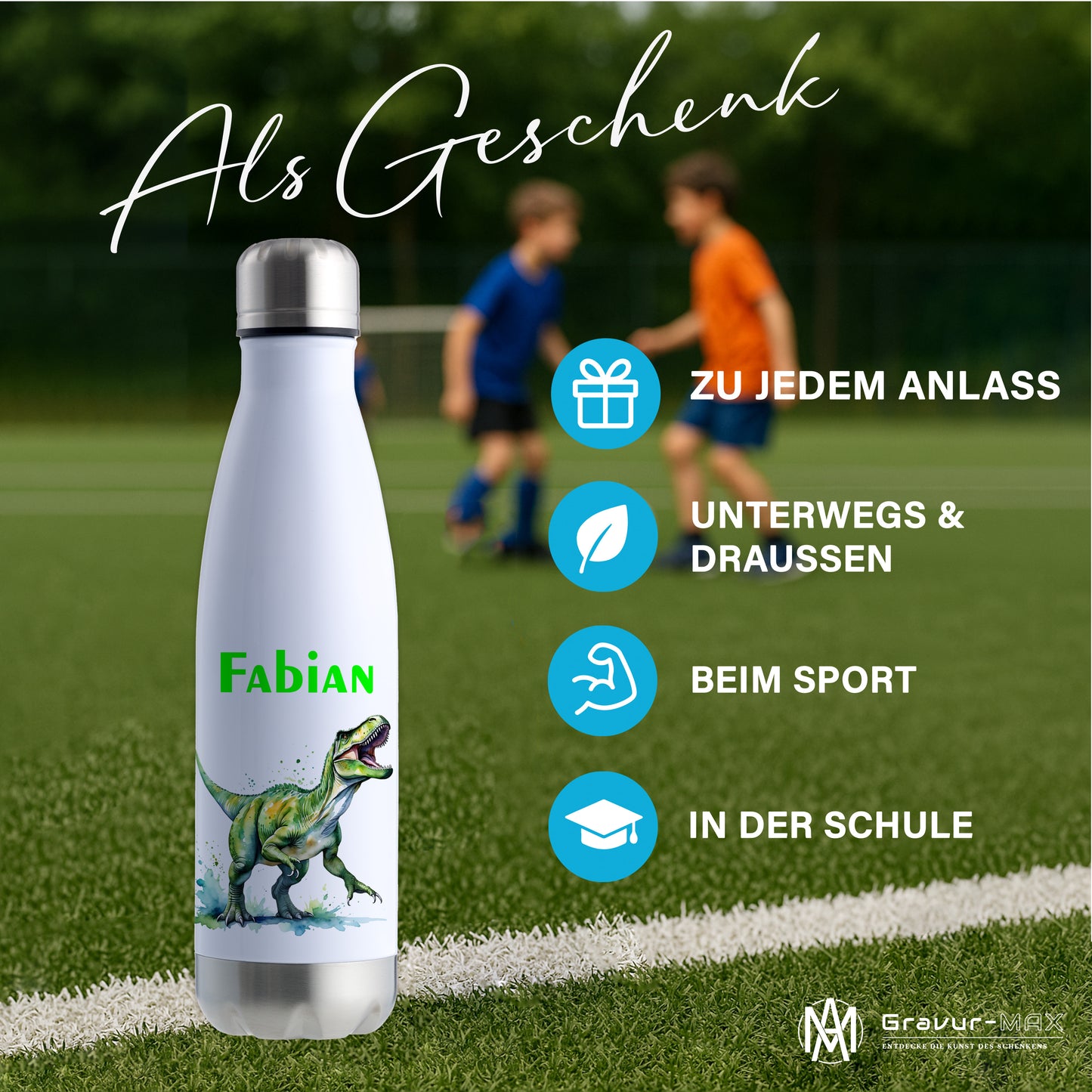 Thermoflasche 500ml in Weiß/Silber bedruckt mit tollen Motiven für Kinder "Dino T-Rex" personalisierbar mit Wunschname