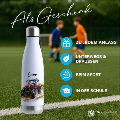 Thermoflasche 500ml in Weiß/Silber bedruckt mit tollen Motiven für Kinder "Traktor" personalisierbar mit Wunschname