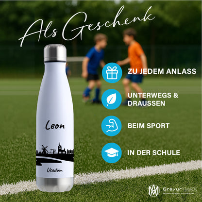 Trinkflasche in Weiß/Silber 500ml aus Edelstahl bedruckt mit der Skyline von Usedom personalisierbar mit Wunschname