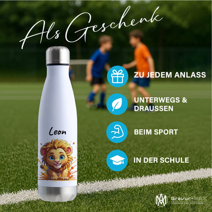 Trinkflasche in Weiß/Silber 500ml aus Edelstahl bedruckt mit niedlichen Tieren "Löwe" personalisierbar für Kinder mit Wunschname