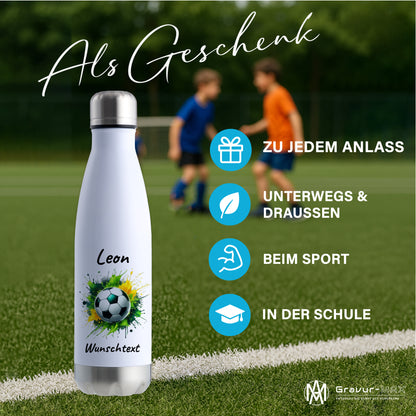 Thermoflasche 500ml in Weiß/Silber aus Edelstahl bedruckt "Fußball" Motiv11 personalisierbar mit Wunschname & Text