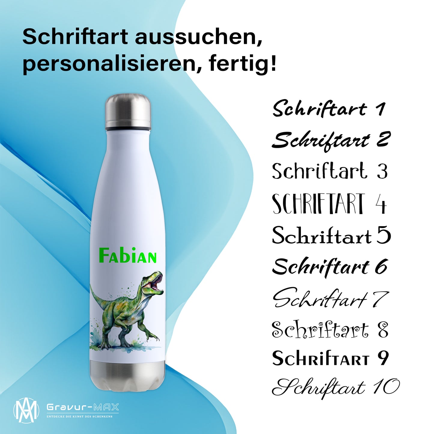 Thermoflasche 500ml in Weiß/Silber bedruckt mit tollen Motiven für Kinder "Dino T-Rex" personalisierbar mit Wunschname