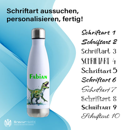 Thermoflasche 500ml in Weiß/Silber bedruckt mit tollen Motiven für Kinder "Dino T-Rex" personalisierbar mit Wunschname