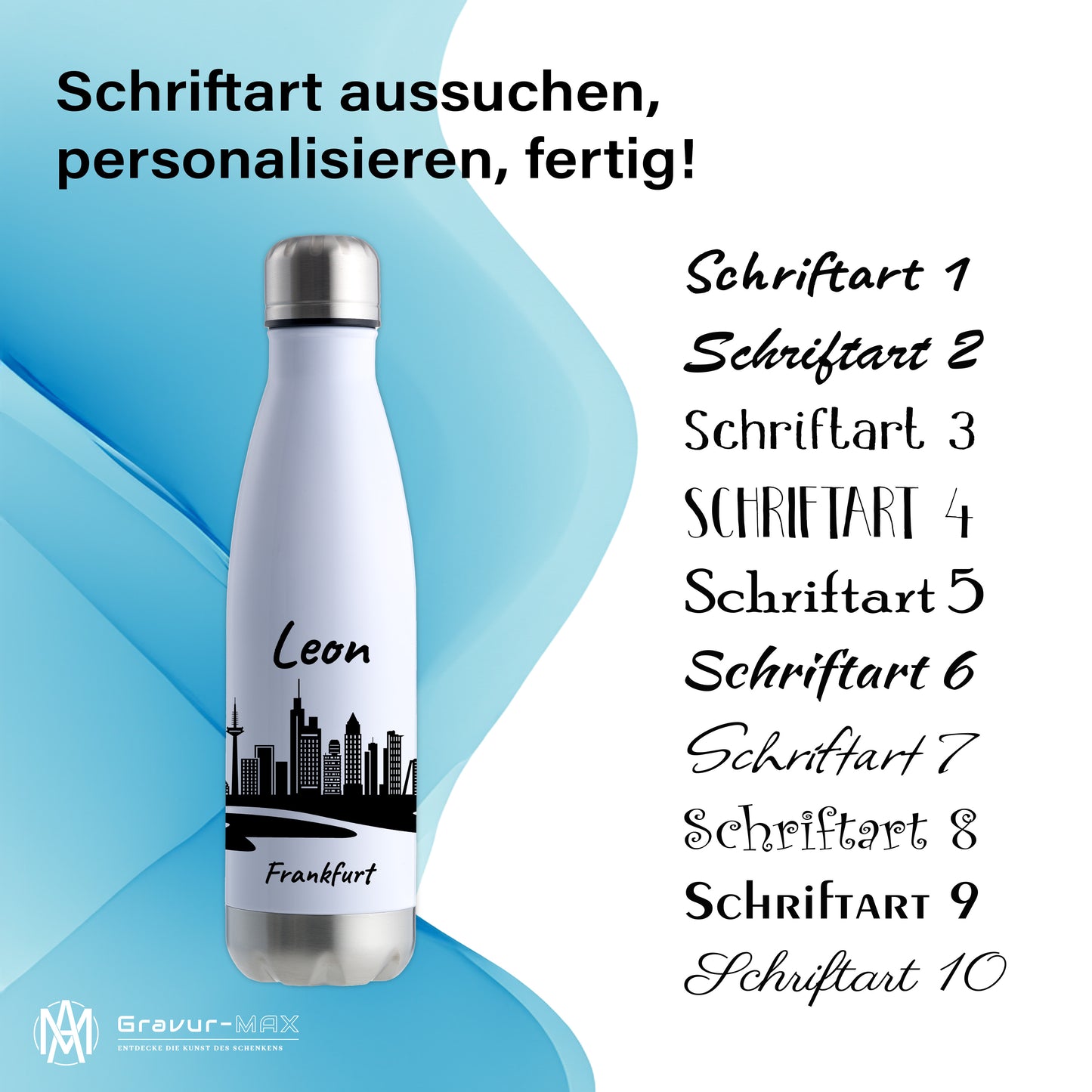Trinkflasche in Weiß/Silber 500ml aus Edelstahl bedruckt mit der Skyline von Frankfurt personalisierbar mit Wunschname