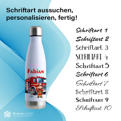 Thermoflasche 500ml in Weiß/Silber bedruckt mit tollen Motiven für Kinder "Feuerwehr" personalisierbar mit Wunschname