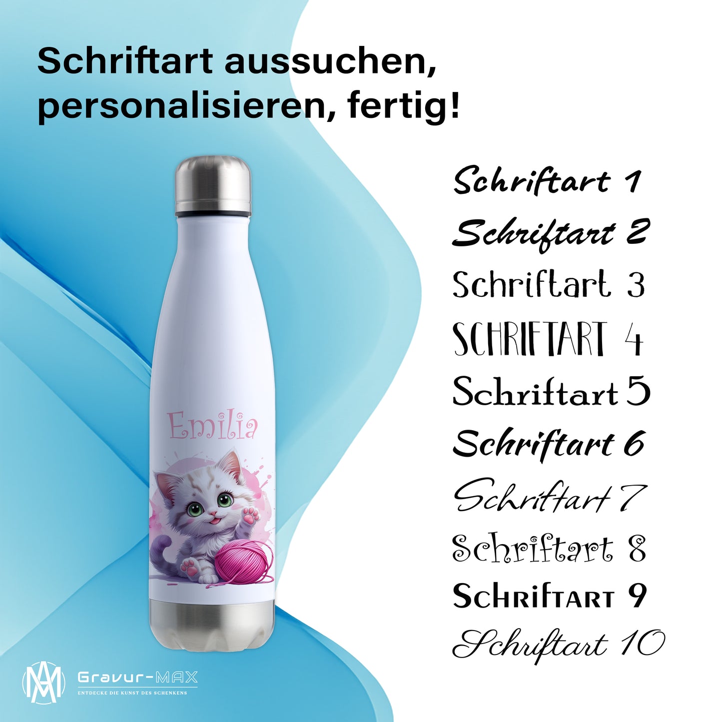 Trinkflasche in Weiß/Silber 500ml aus Edelstahl bedruckt mit niedlichen Tieren "Katze" personalisierbar für Kinder mit Wunschname