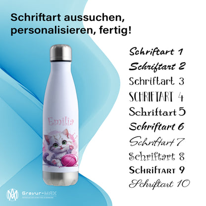 Trinkflasche in Weiß/Silber 500ml aus Edelstahl bedruckt mit niedlichen Tieren "Katze" personalisierbar für Kinder mit Wunschname