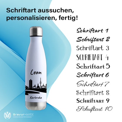 Trinkflasche in Weiß/Silber 500ml aus Edelstahl bedruckt mit der Skyline von Karlsruhe personalisierbar mit Wunschname
