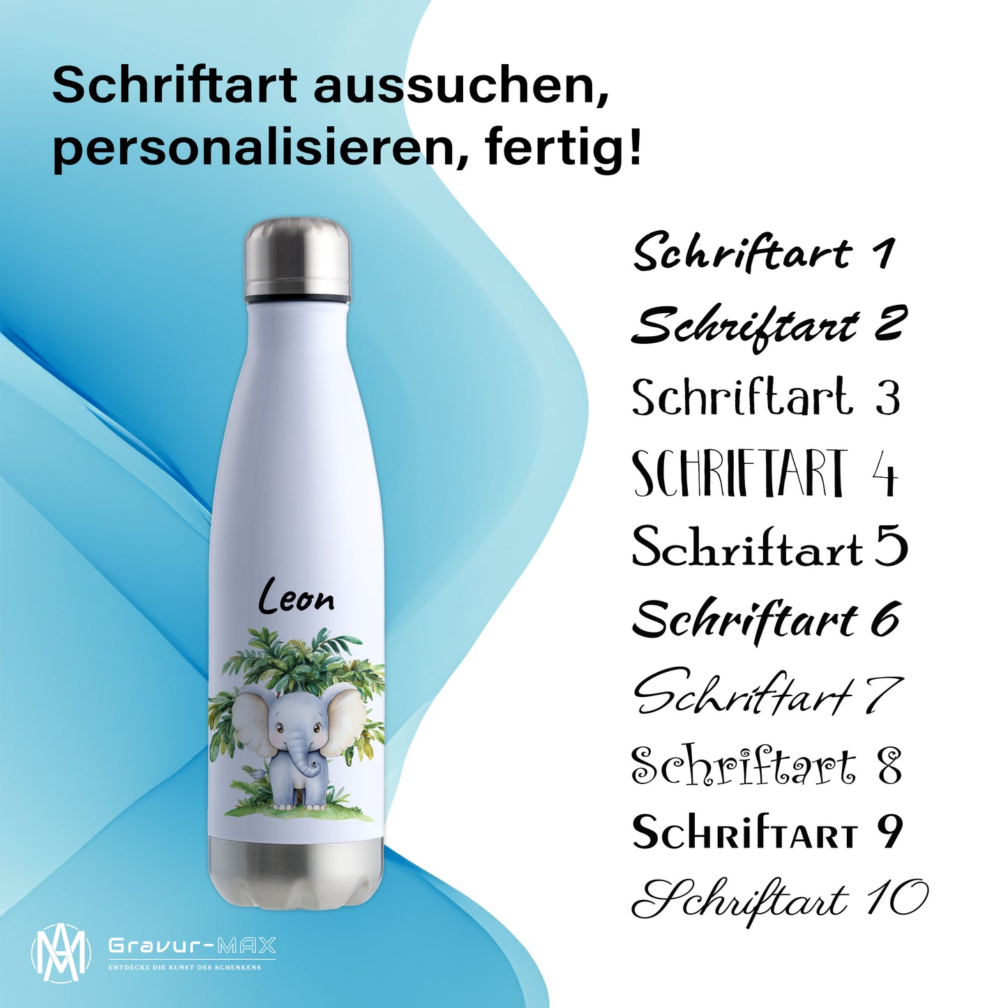 Trinkflasche in Weiß/Silber 500ml aus Edelstahl bedruckt mit Dschungel Tieren"Elefant" personalisierbar für Kinder mit Wunschname