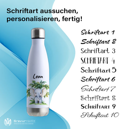 Trinkflasche in Weiß/Silber 500ml aus Edelstahl bedruckt mit Dschungel Tieren"Elefant" personalisierbar für Kinder mit Wunschname