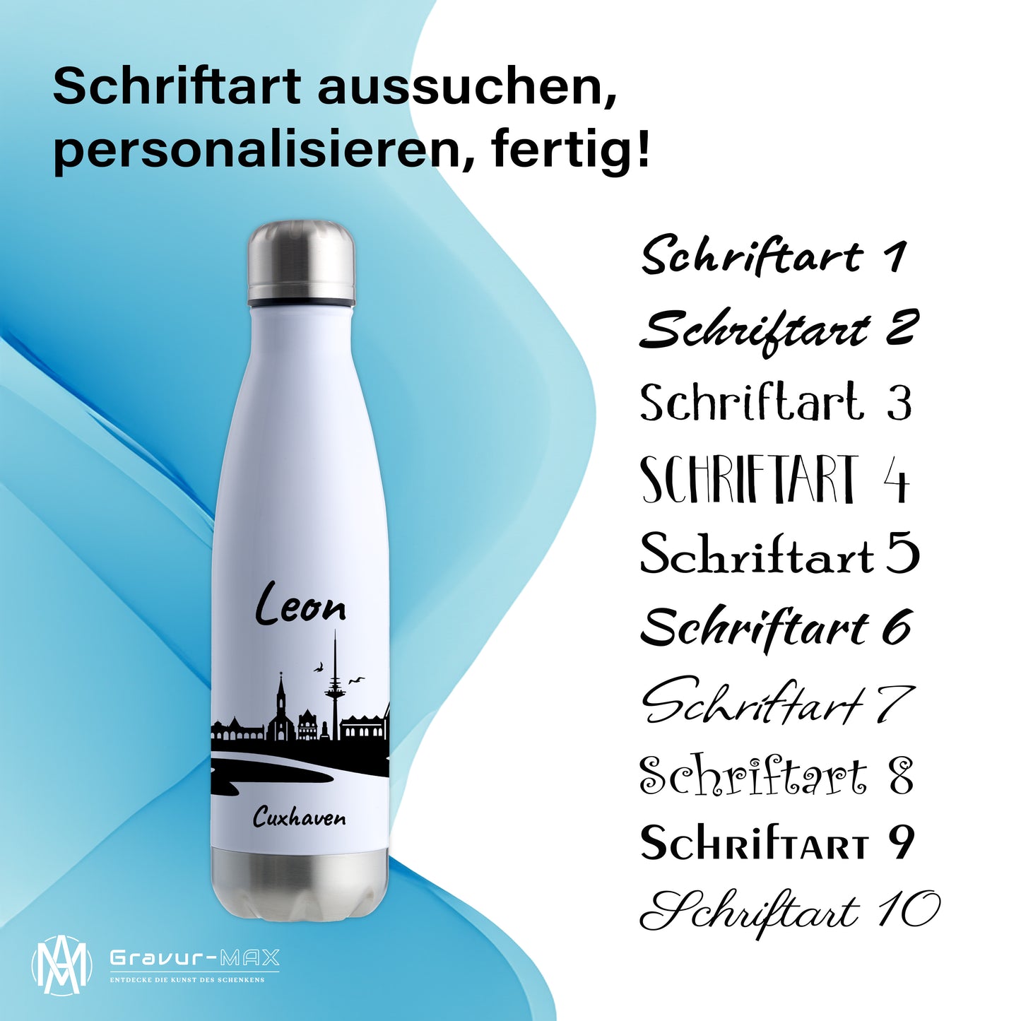 Trinkflasche in Weiß/Silber 500ml aus Edelstahl bedruckt mit der Skyline von Cuxhaven personalisierbar mit Wunschname