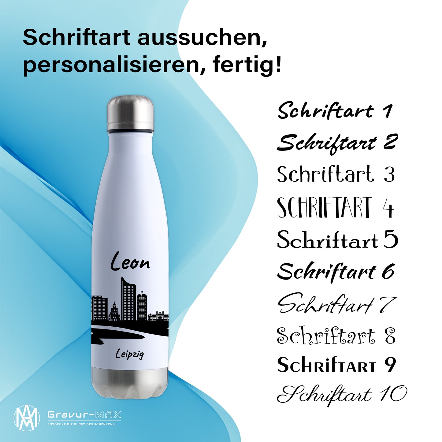 Trinkflasche in Weiß/Silber 500ml aus Edelstahl bedruckt mit der Skyline von Leipzig personalisierbar mit Wunschname
