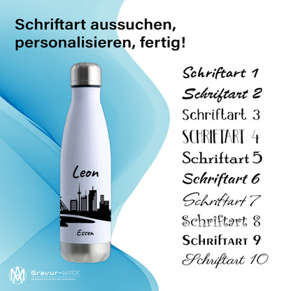 Trinkflasche in Weiß/Silber 500ml aus Edelstahl bedruckt mit der Skyline von Essen personalisierbar mit Wunschname