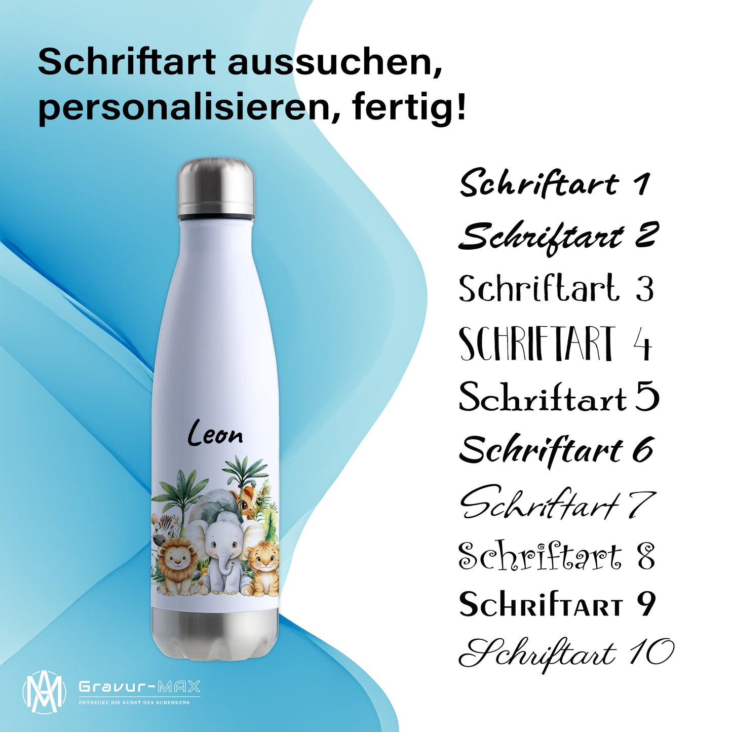 Trinkflasche in Weiß/Silber 500ml aus Edelstahl bedruckt mit Dschungel Tieren"Dschungel Tiere" personalisierbar für Kinder mit Wunschname