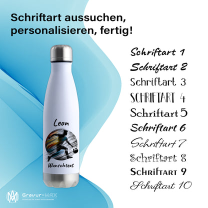 Thermoflasche 500ml in Weiß/Silber aus Edelstahl bedruckt "Fußball" Motiv2 personalisierbar mit Wunschname & Text