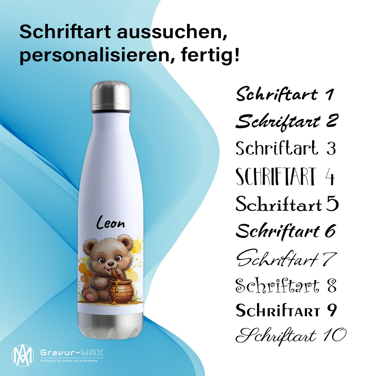 Trinkflasche in Weiß/Silber 500ml aus Edelstahl bedruckt mit niedlichen Tieren "Bär" personalisierbar für Kinder mit Wunschname