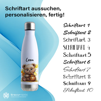 Trinkflasche in Weiß/Silber 500ml aus Edelstahl bedruckt mit niedlichen Tieren "Bär" personalisierbar für Kinder mit Wunschname