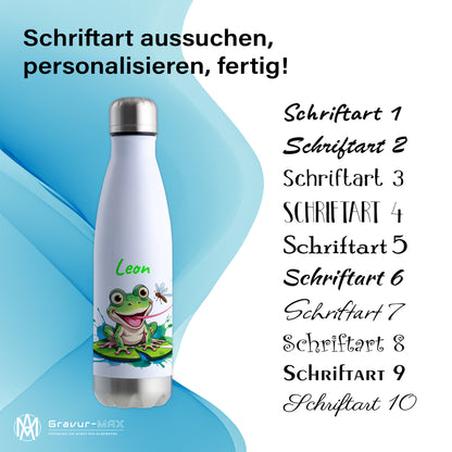Trinkflasche in Weiß/Silber 500ml aus Edelstahl bedruckt mit niedlichen Tieren "Frosch" personalisierbar für Kinder mit Wunschname